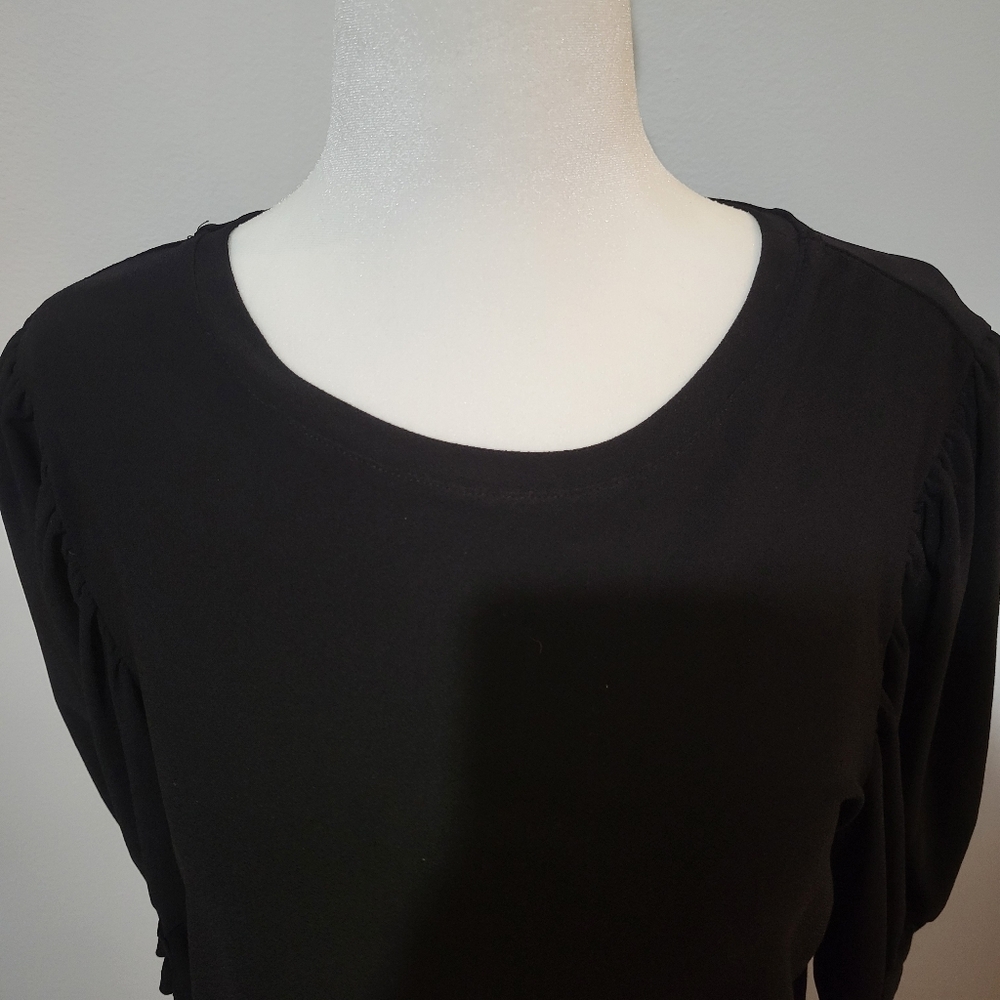 CeCe Balloon Sleeve Solid Black Round Neck Workwear Goth Blouse | Medium - Picture 2 of 7